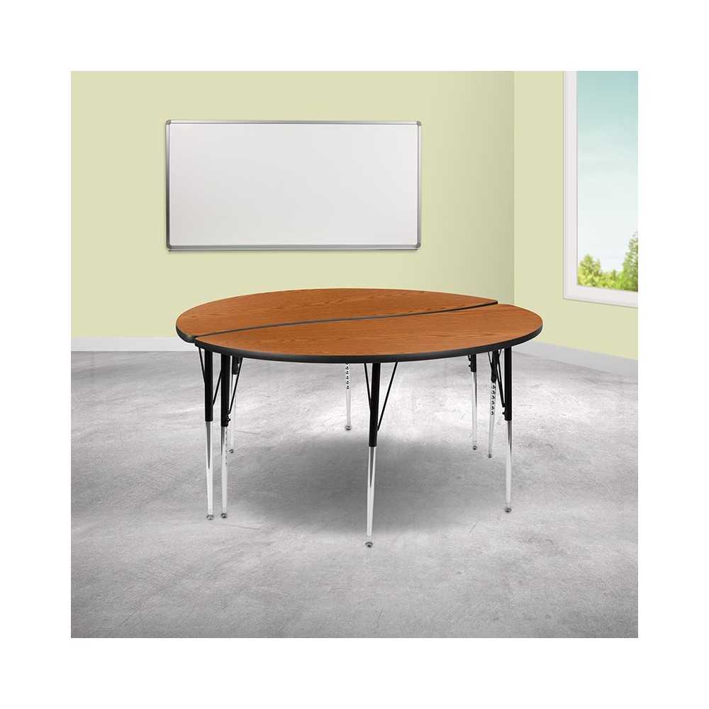 2 Piece 60" Circle Wave Collaborative Oak Thermal Laminate Activity Table Set - Standard Height Adjustable Legs