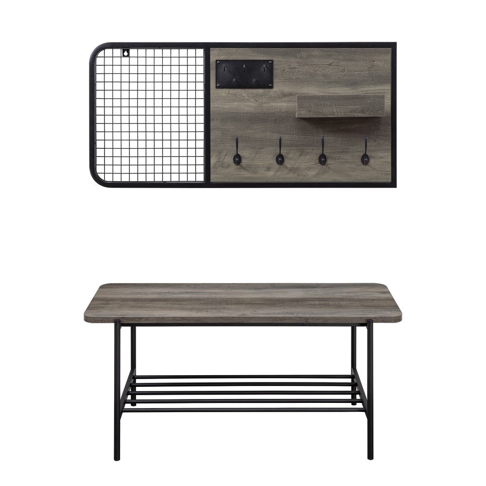 2 Piece Metal and Wood Bench with Wall Organizer - Gray Wash