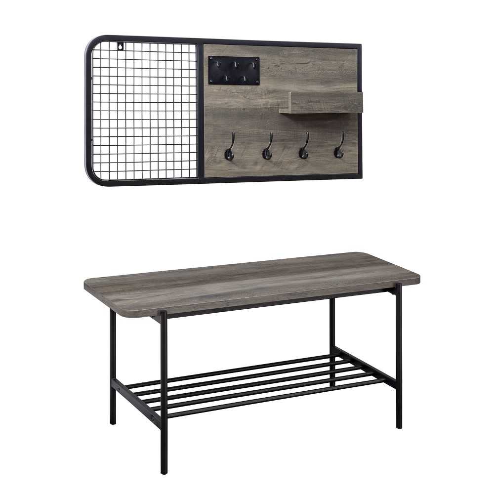 2 Piece Metal and Wood Bench with Wall Organizer - Gray Wash