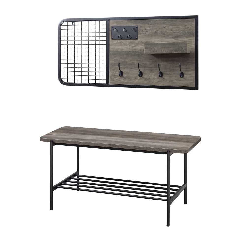 2 Piece Metal and Wood Bench with Wall Organizer - Gray Wash