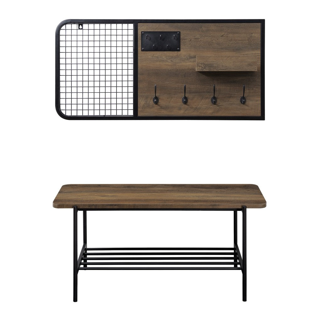2 Piece Metal and Wood Bench with Wall Organizer - Rustic Oak