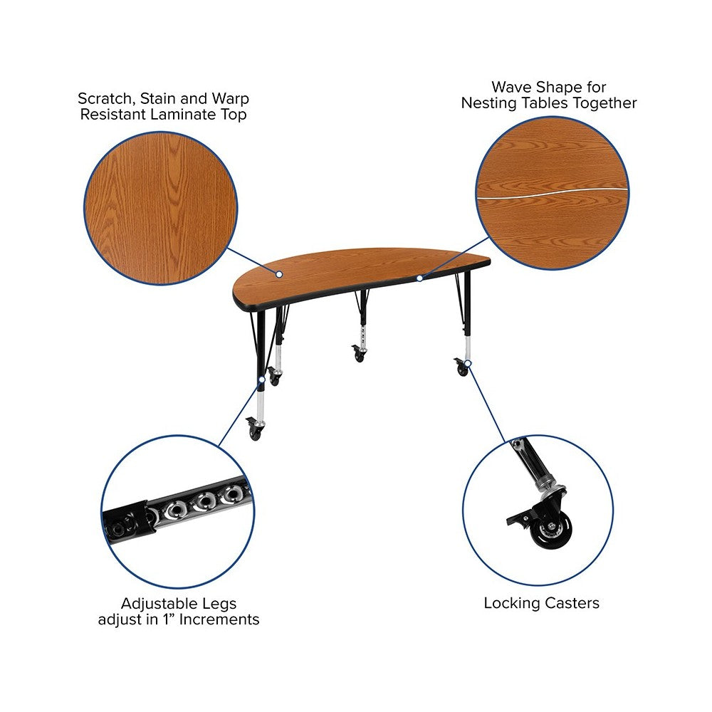 2 Piece Mobile 47.5" Circle Wave Collaborative Oak Thermal Laminate Kids Adjustable Activity Table Set