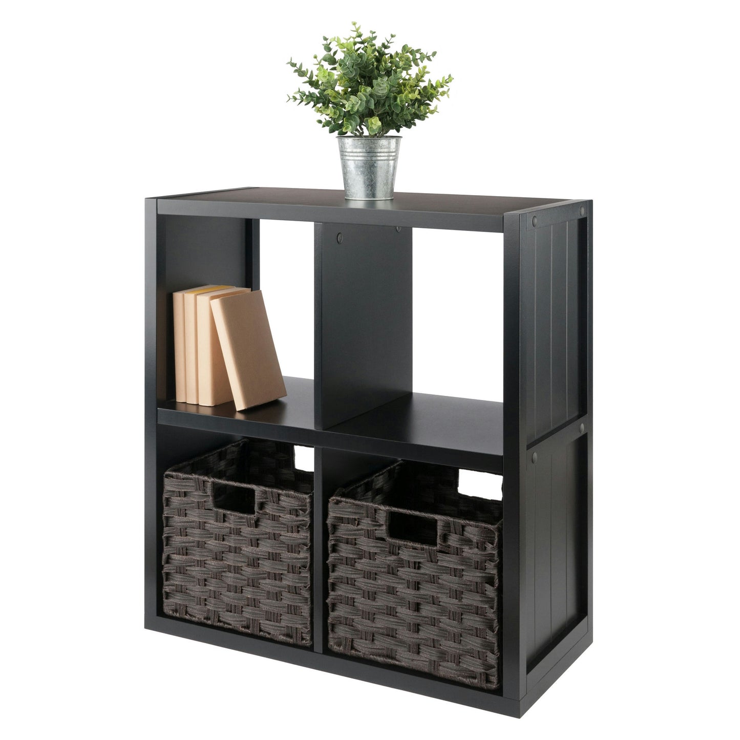 Timothy 3-Pc 2x2 Storage Shelf with 2 Foldable Woven Baskets, Black & Chocolate