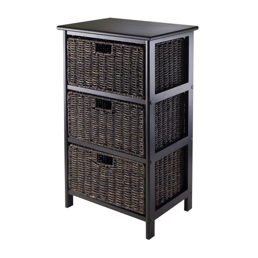 Omaha Storage Rack with 3 Foldable Corn Husk Baskets, Black and Chocolate