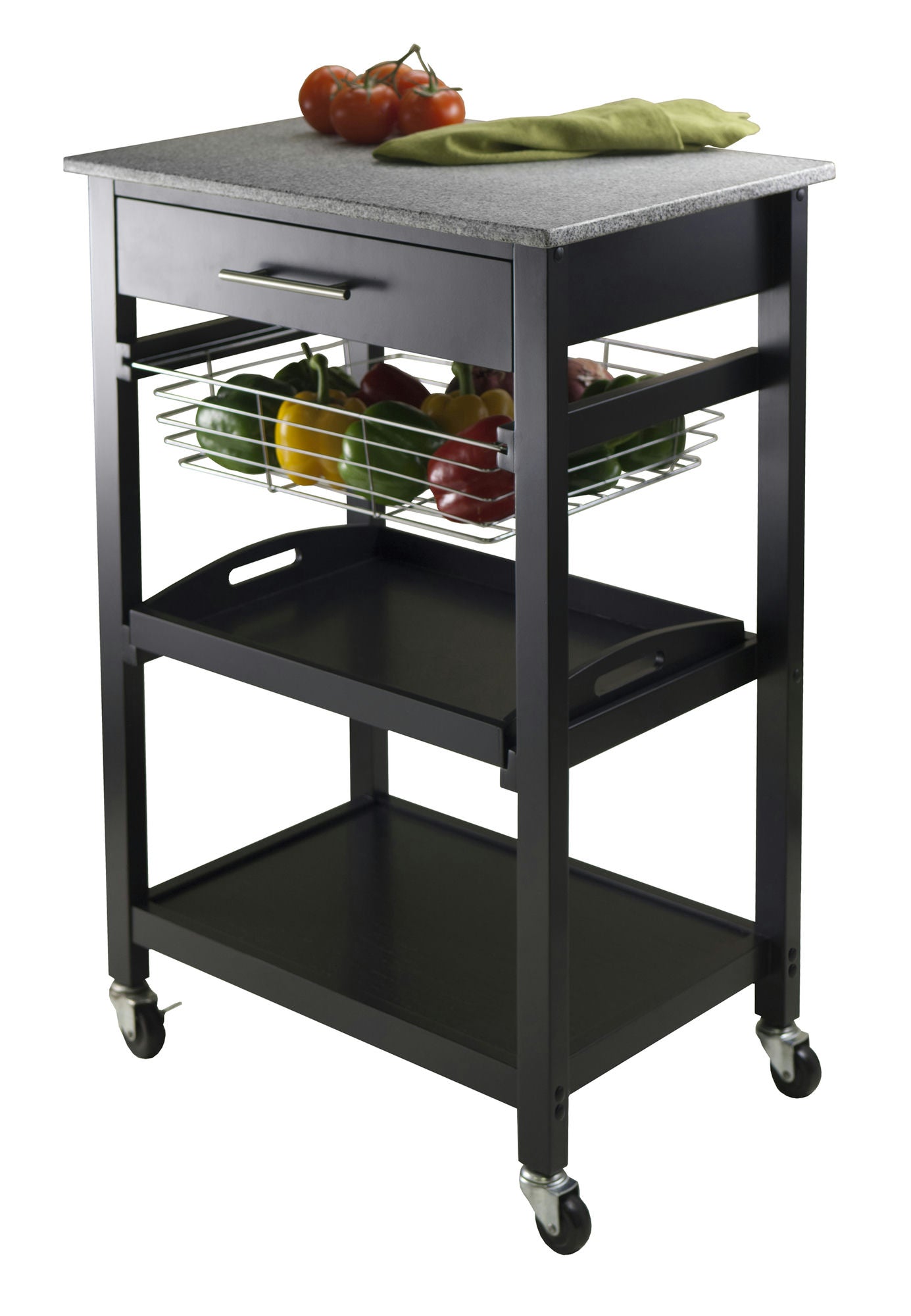 Julia Utility Kitchen Cart, Granite Top, Black