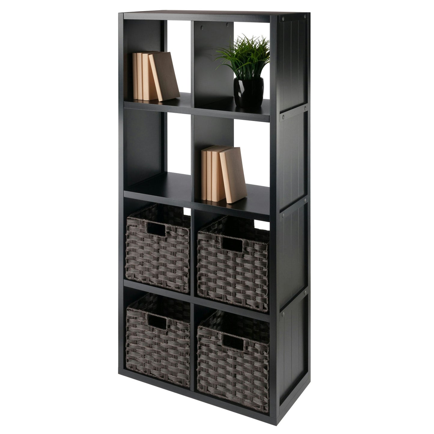 Timothy 5-Pc 4x2 Storage Shelf with 4 Foldable Woven Baskets, Black & Chocolate