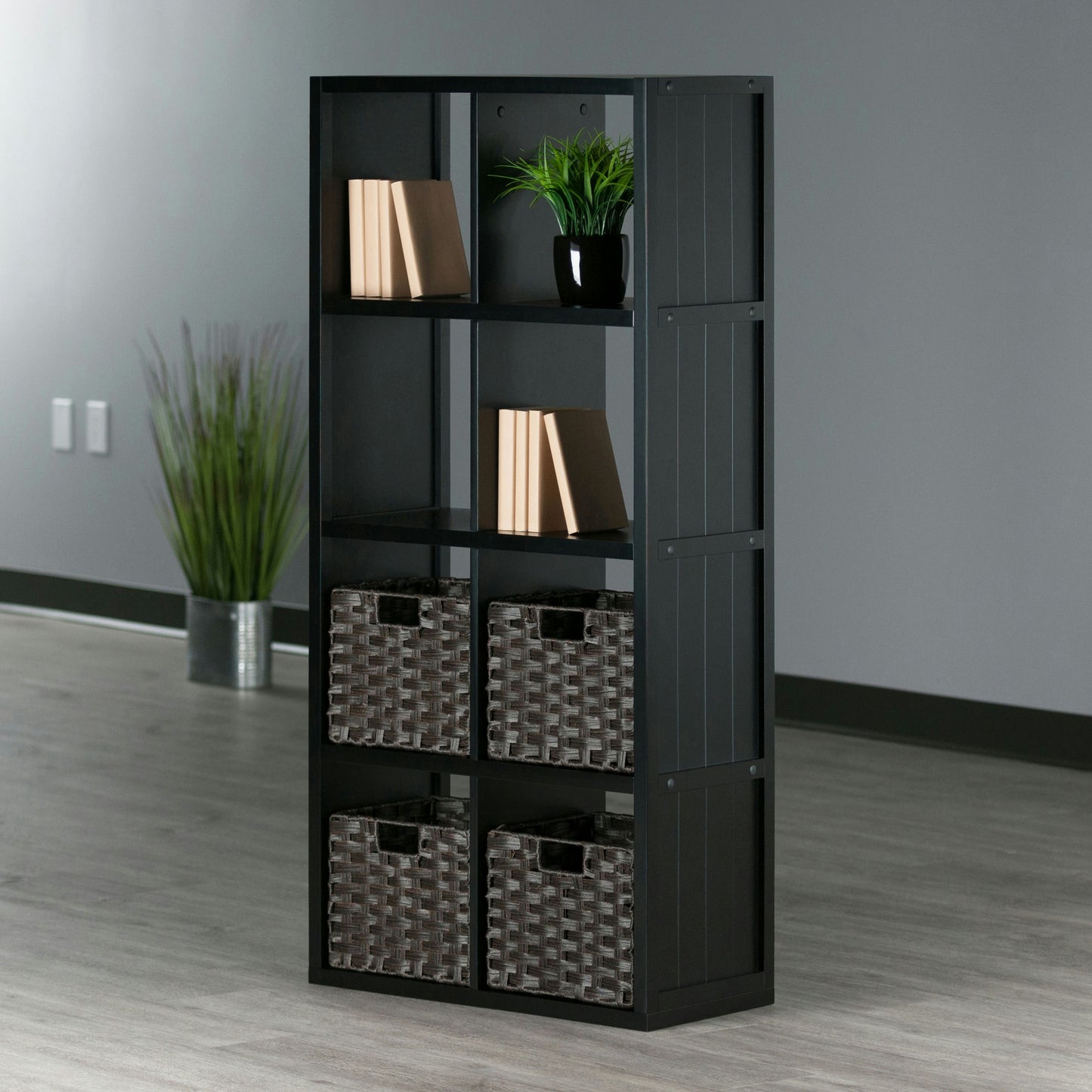 Timothy 5-Pc 4x2 Storage Shelf with 4 Foldable Woven Baskets, Black & Chocolate
