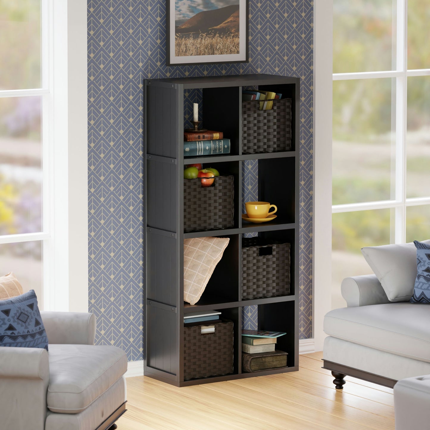 Timothy 5-Pc 4x2 Storage Shelf with 4 Foldable Woven Baskets, Black & Chocolate