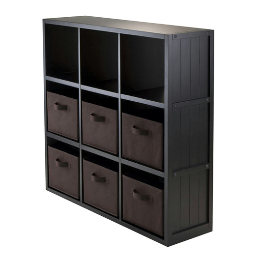 Timothy 7-Pc 3x3 Storage Shelf with 6 Foldable Fabric Baskets, Black & Chocolate