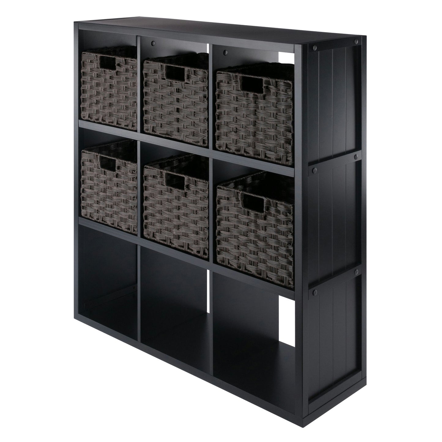 Timothy 7-Pc 3x3 Storage Shelf with 6 Foldable Woven Baskets, Black & Chocolate