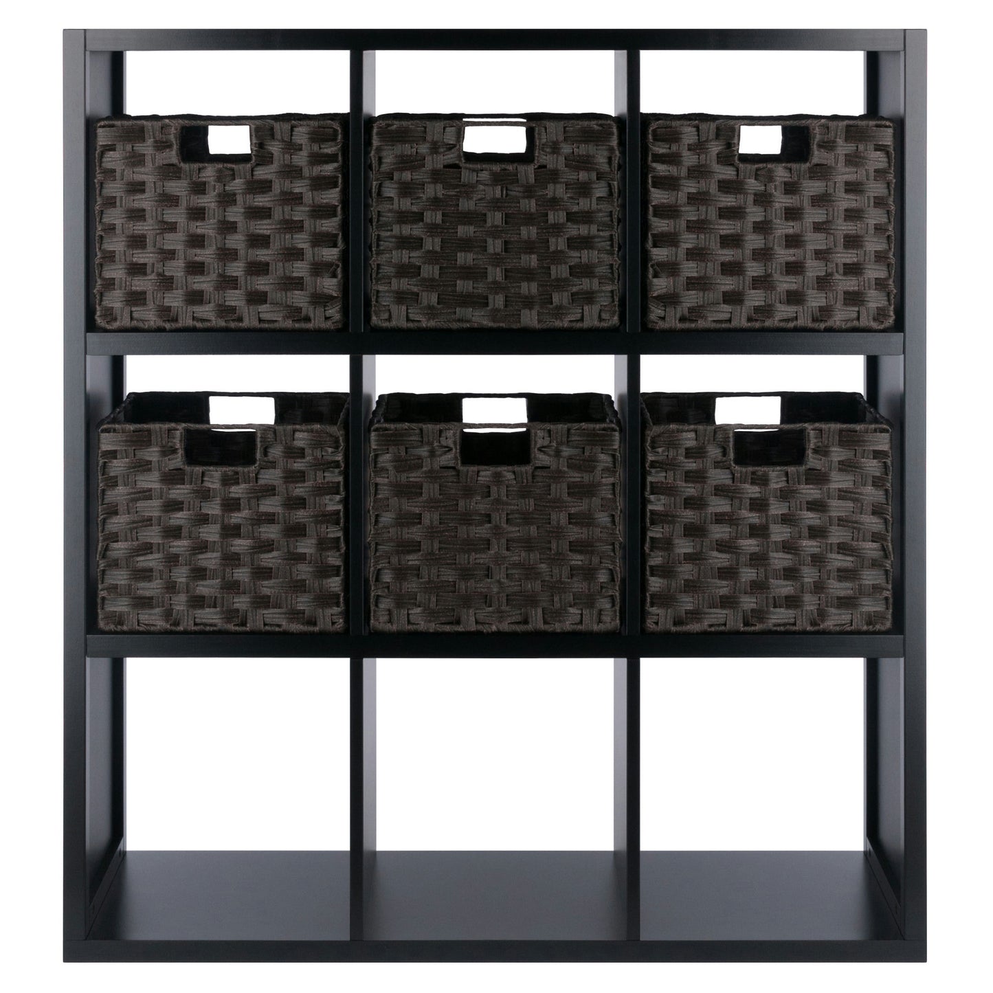 Timothy 7-Pc 3x3 Storage Shelf with 6 Foldable Woven Baskets, Black & Chocolate