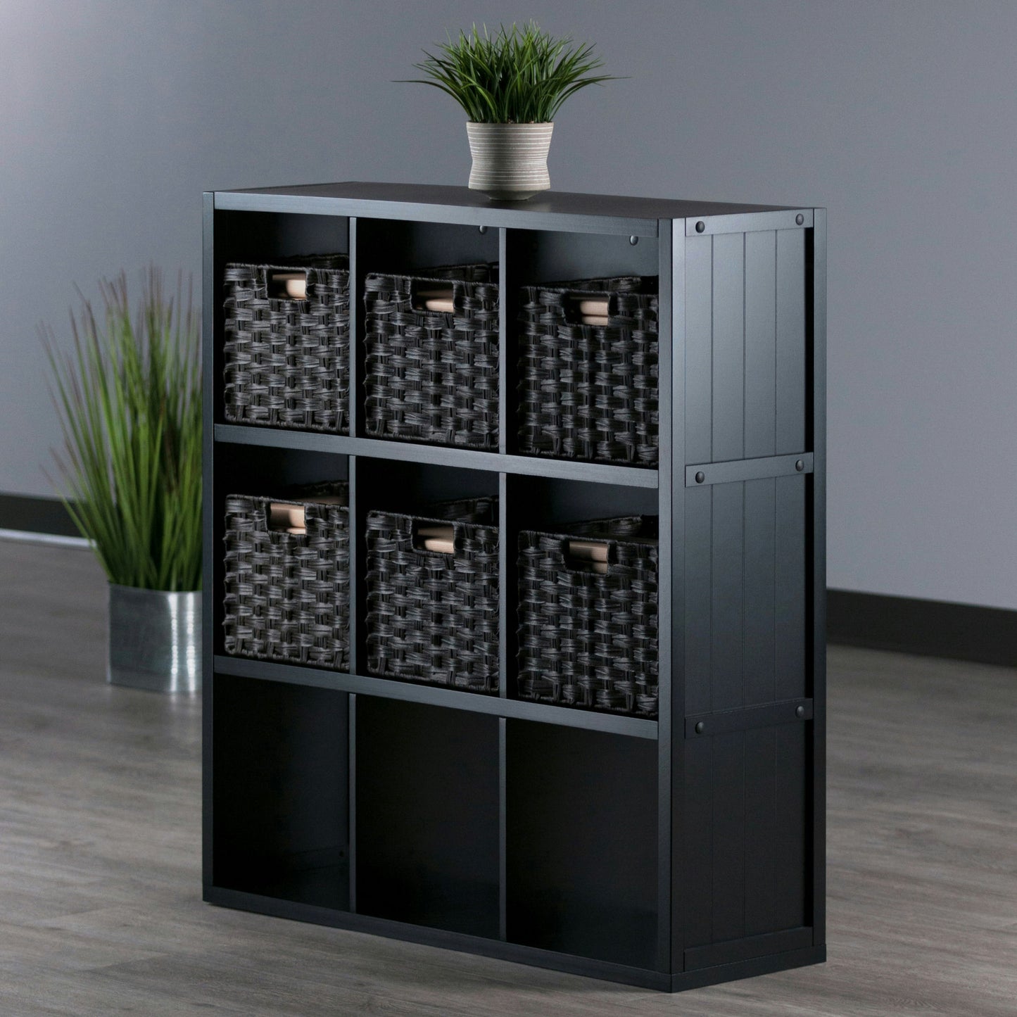 Timothy 7-Pc 3x3 Storage Shelf with 6 Foldable Woven Baskets, Black & Chocolate