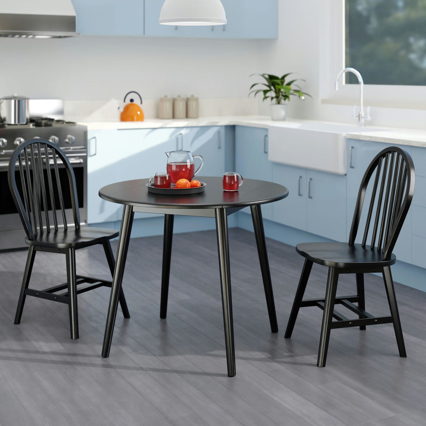 Moreno 3-Pc Drop Leaf Dining Table with Windsor Chairs, Black