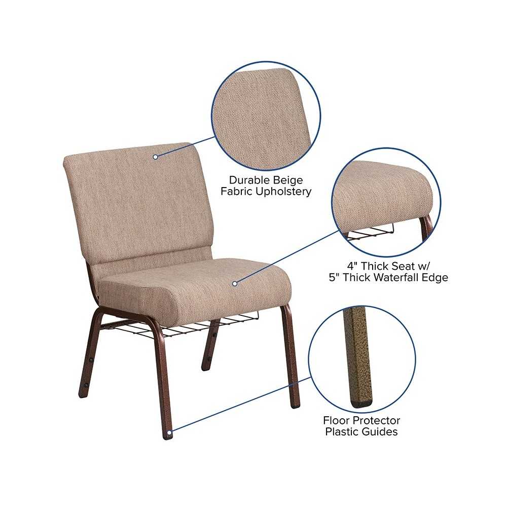 21''W Church Chair in Beige Fabric with Book Rack - Copper Vein Frame