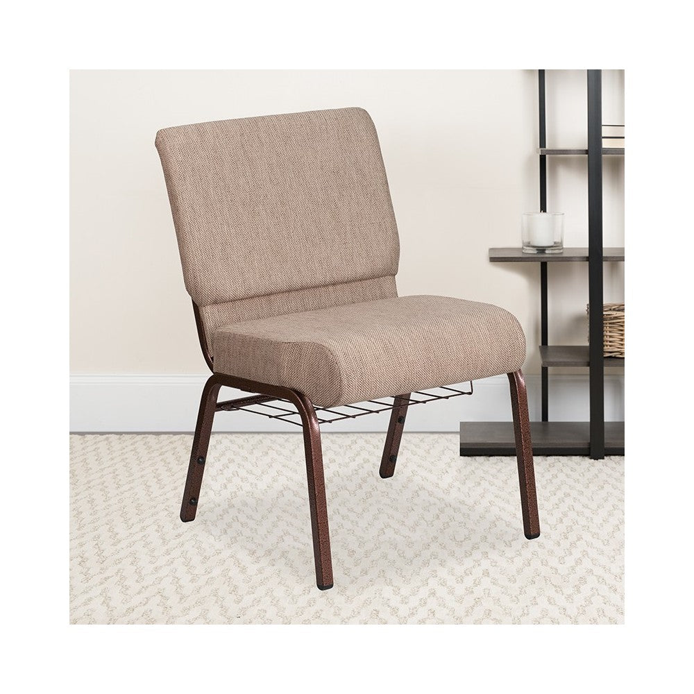 21''W Church Chair in Beige Fabric with Book Rack - Copper Vein Frame