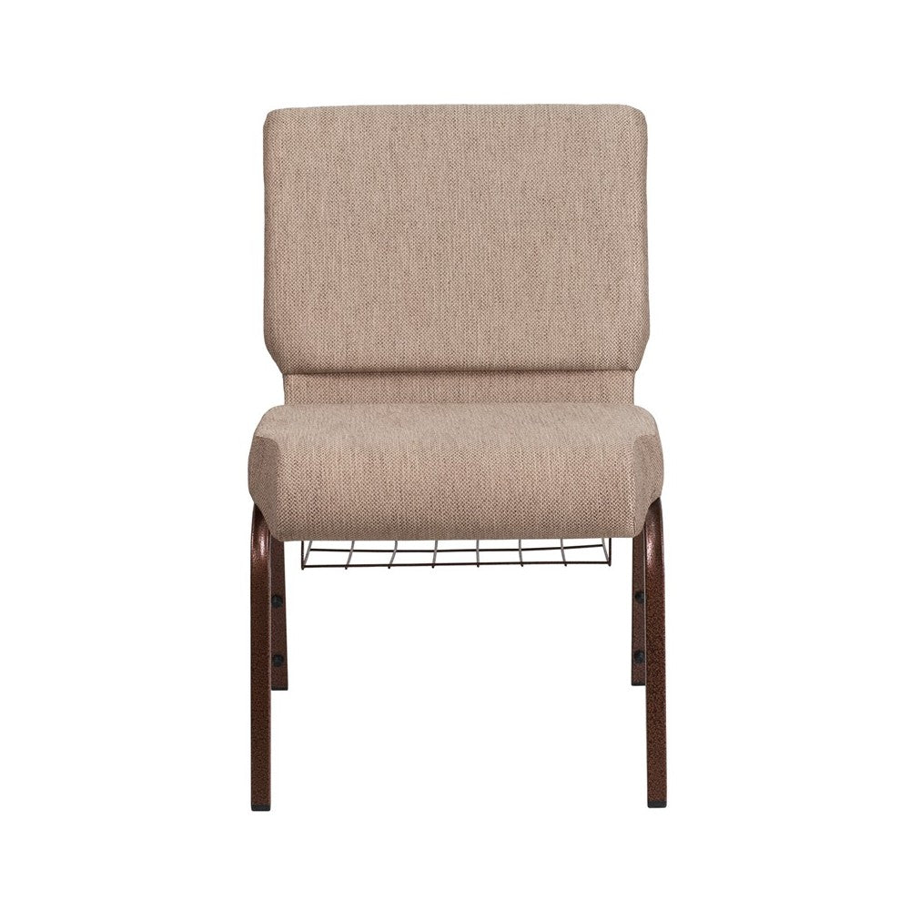 21''W Church Chair in Beige Fabric with Book Rack - Copper Vein Frame