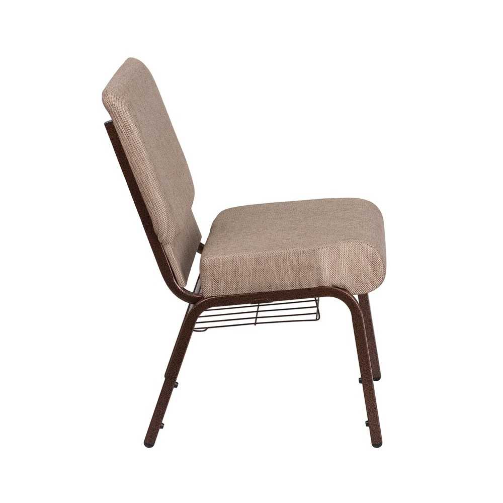 21''W Church Chair in Beige Fabric with Book Rack - Copper Vein Frame