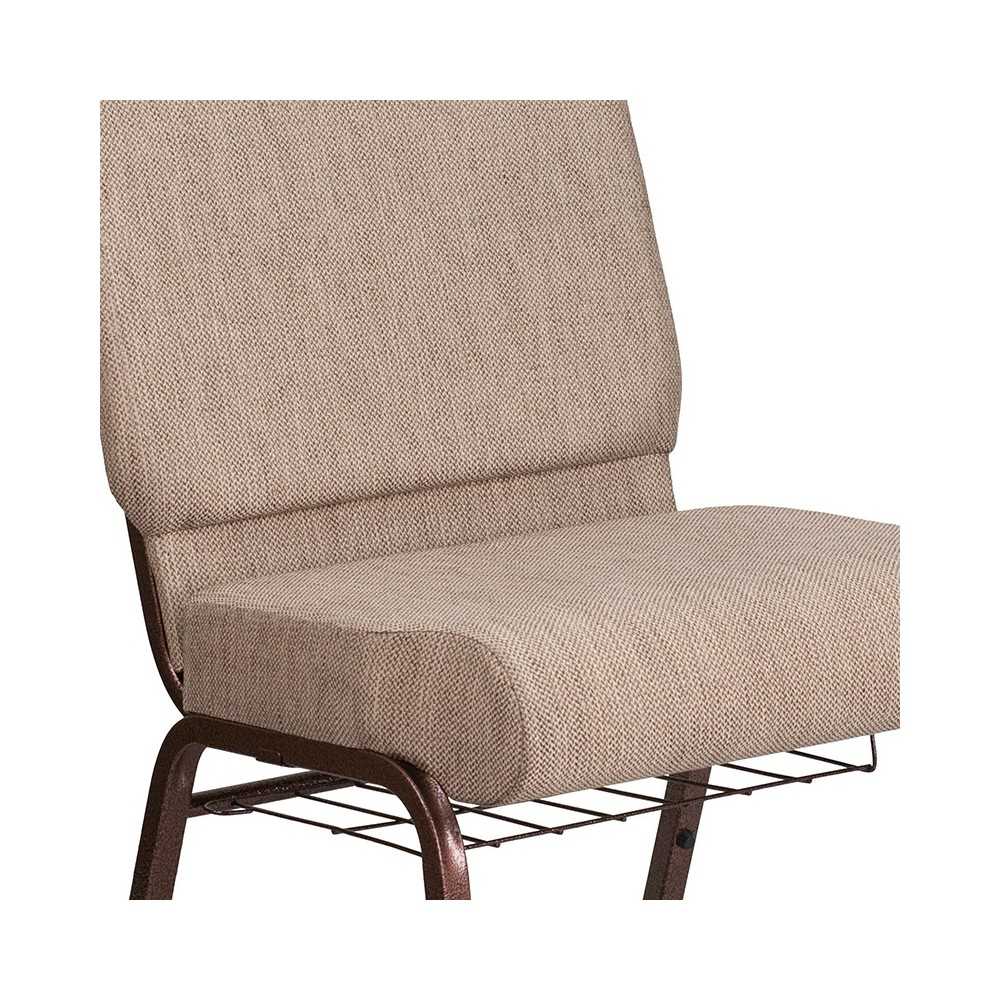 21''W Church Chair in Beige Fabric with Book Rack - Copper Vein Frame