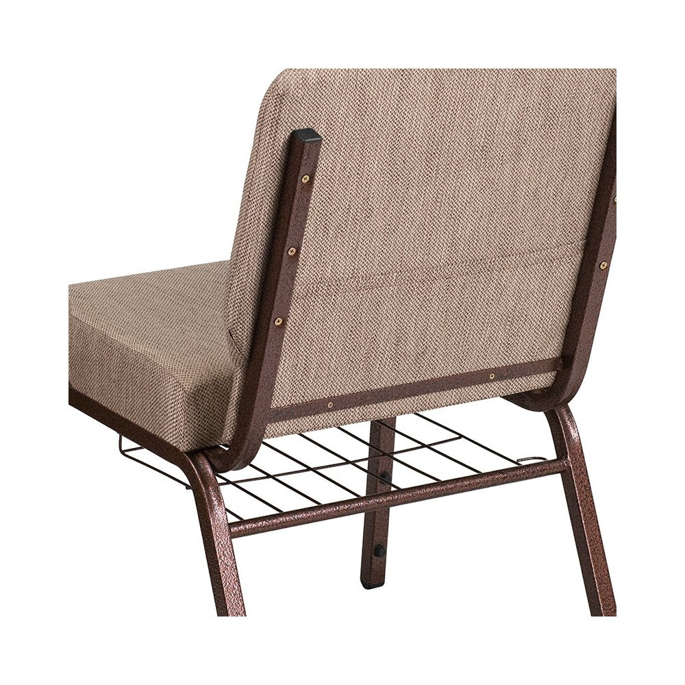 21''W Church Chair in Beige Fabric with Book Rack - Copper Vein Frame