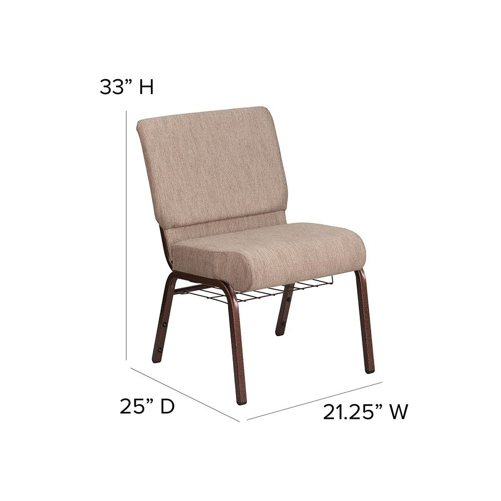 21''W Church Chair in Beige Fabric with Book Rack - Copper Vein Frame