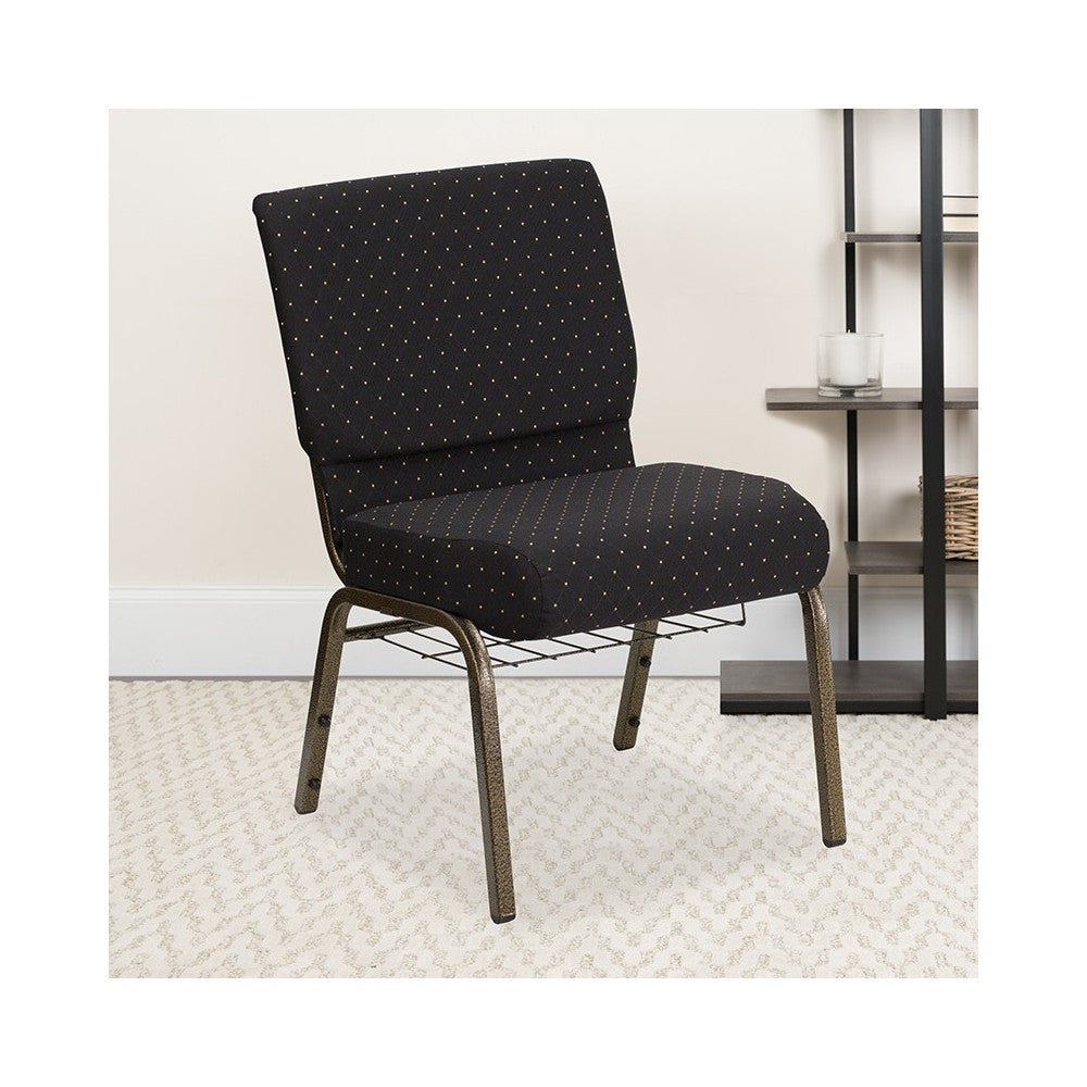 21''W Church Chair in Black Dot Patterned Fabric with Cup Book Rack - Gold Vein Frame