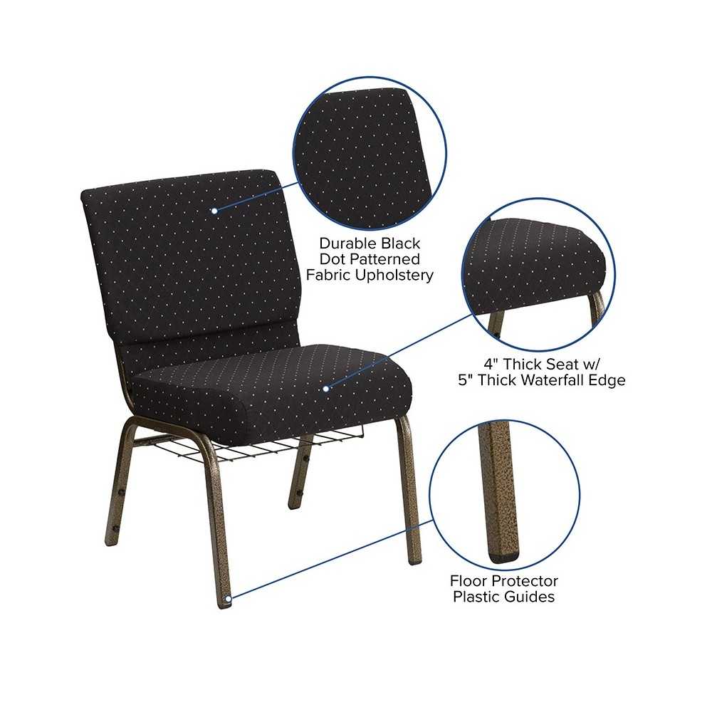 21''W Church Chair in Black Dot Patterned Fabric with Cup Book Rack - Gold Vein Frame