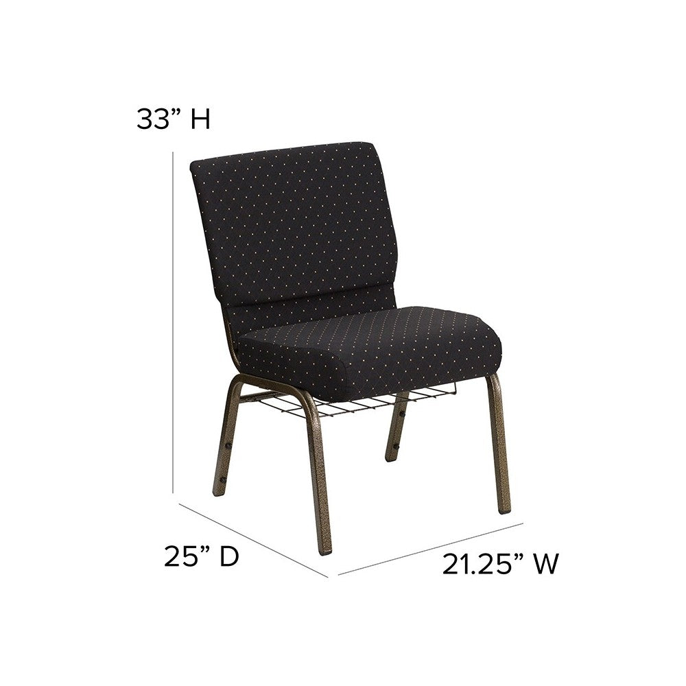 21''W Church Chair in Black Dot Patterned Fabric with Cup Book Rack - Gold Vein Frame