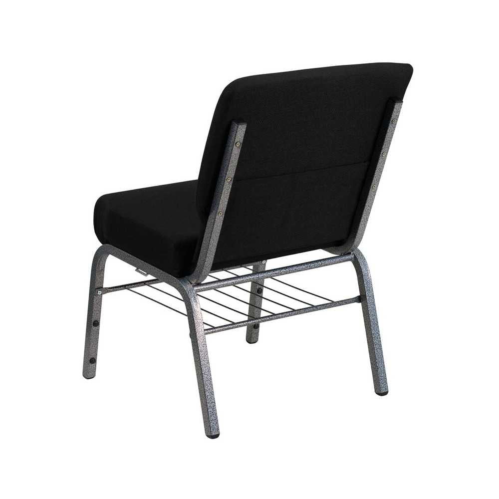21''W Church Chair in Black Fabric with Book Rack - Silver Vein Frame