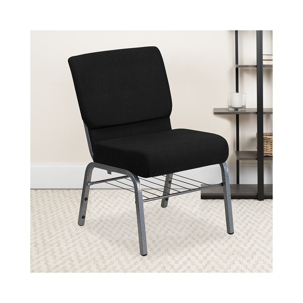 21''W Church Chair in Black Fabric with Book Rack - Silver Vein Frame