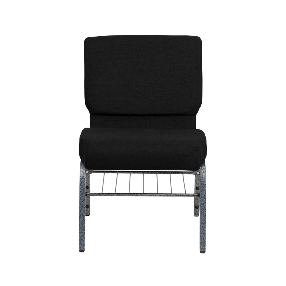 21''W Church Chair in Black Fabric with Book Rack - Silver Vein Frame