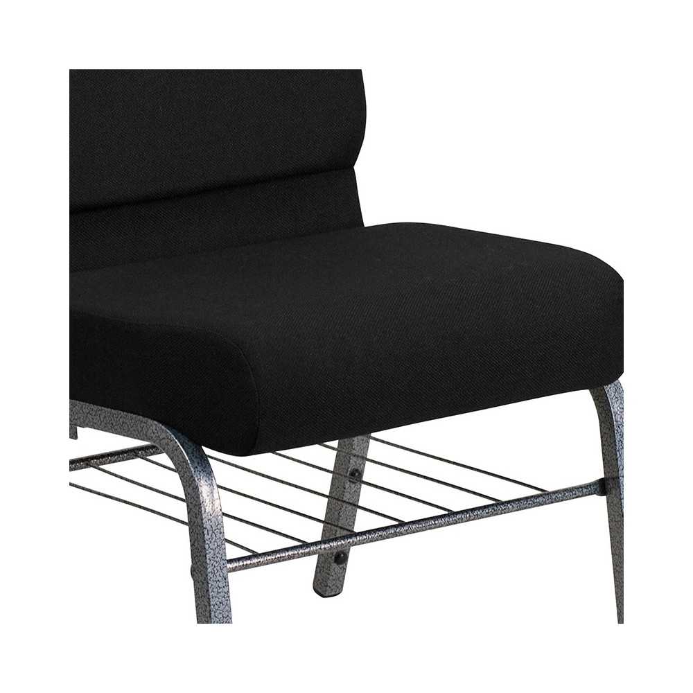 21''W Church Chair in Black Fabric with Book Rack - Silver Vein Frame