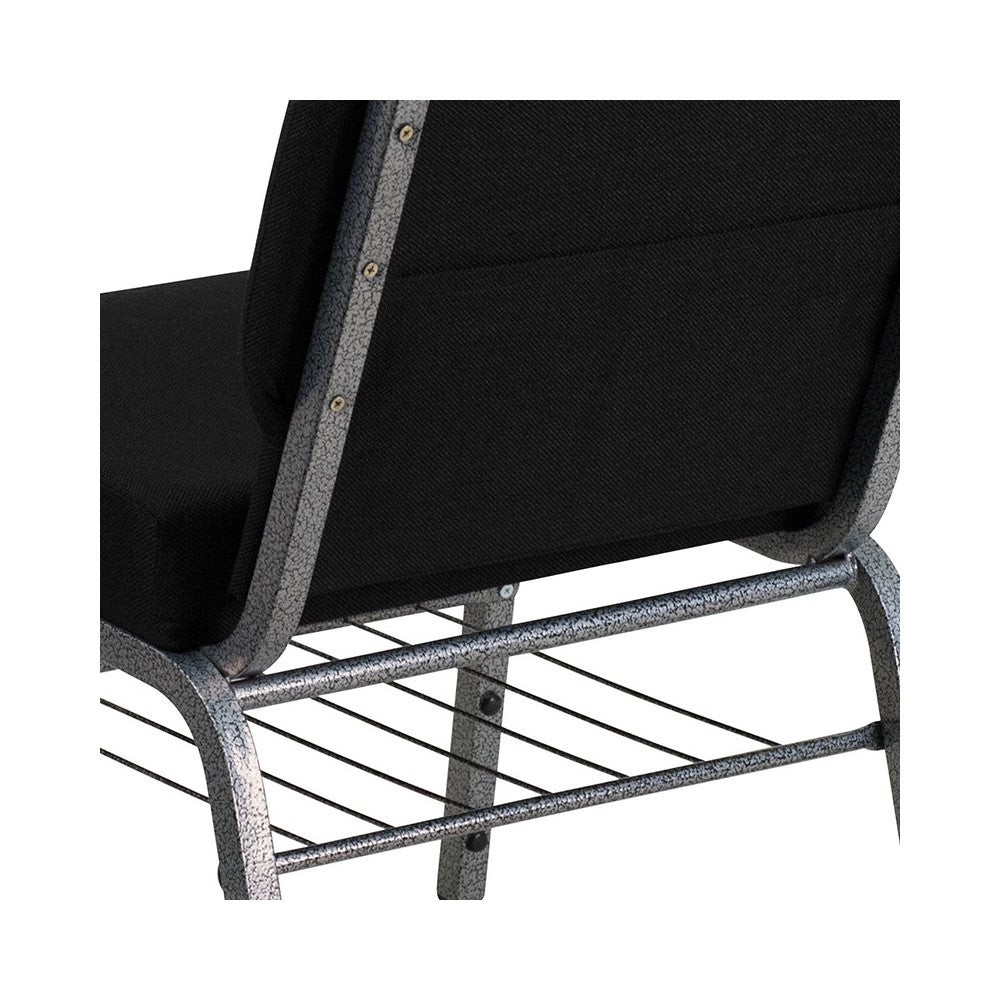 21''W Church Chair in Black Fabric with Book Rack - Silver Vein Frame
