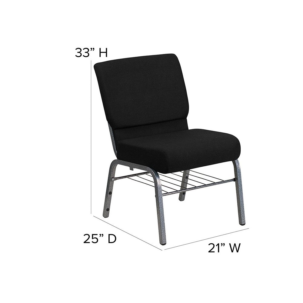 21''W Church Chair in Black Fabric with Book Rack - Silver Vein Frame