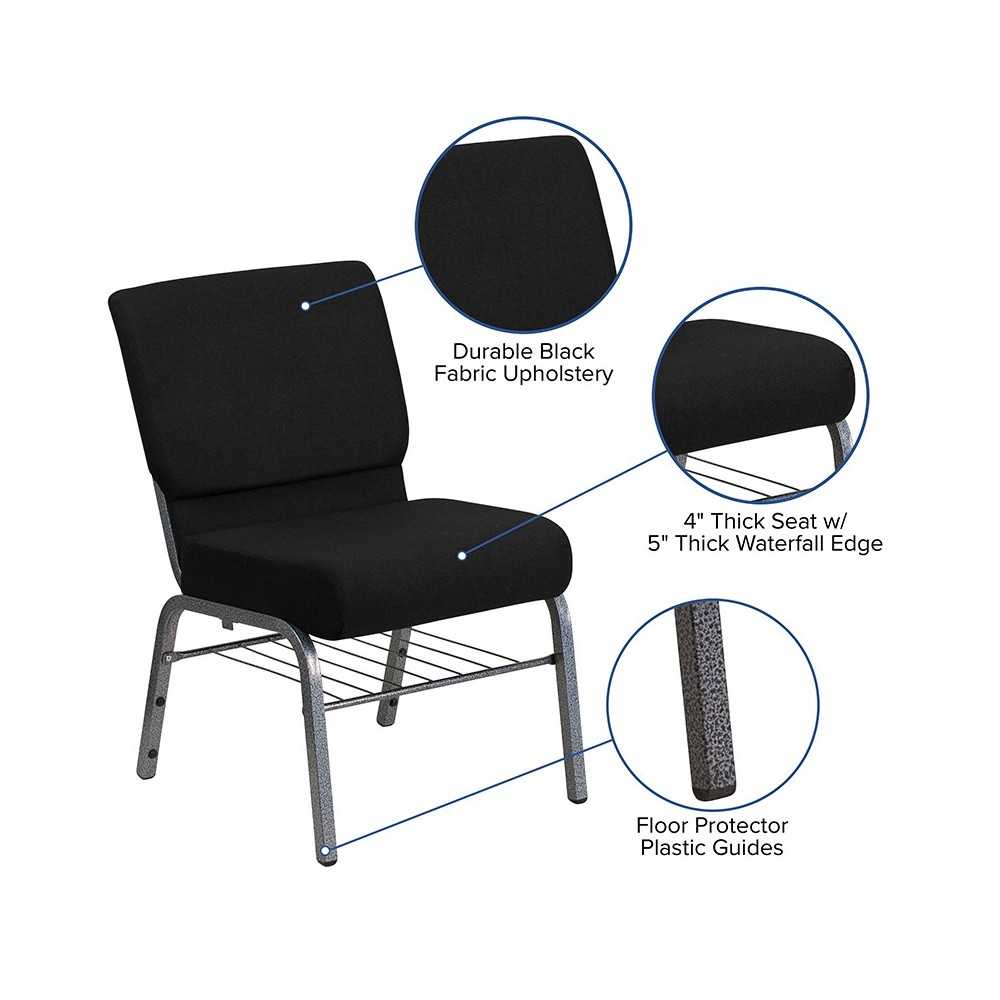 21''W Church Chair in Black Fabric with Book Rack - Silver Vein Frame