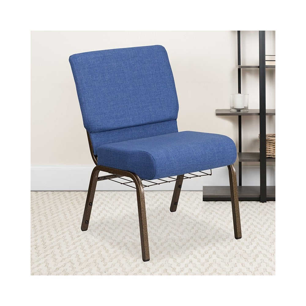 21''W Church Chair in Blue Fabric with Cup Book Rack - Gold Vein Frame