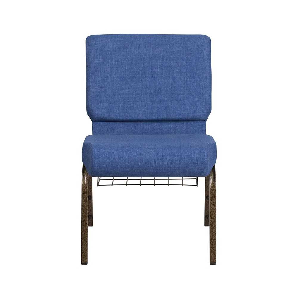 21''W Church Chair in Blue Fabric with Cup Book Rack - Gold Vein Frame