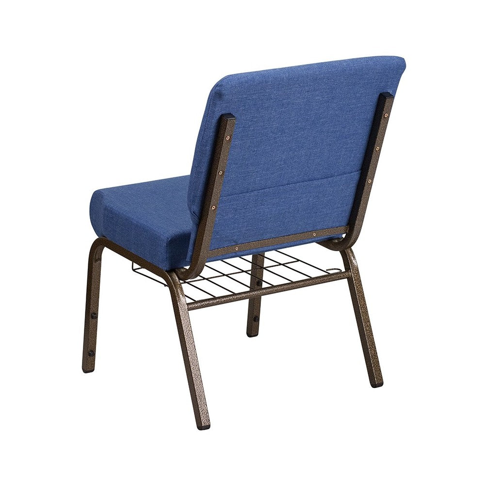 21''W Church Chair in Blue Fabric with Cup Book Rack - Gold Vein Frame