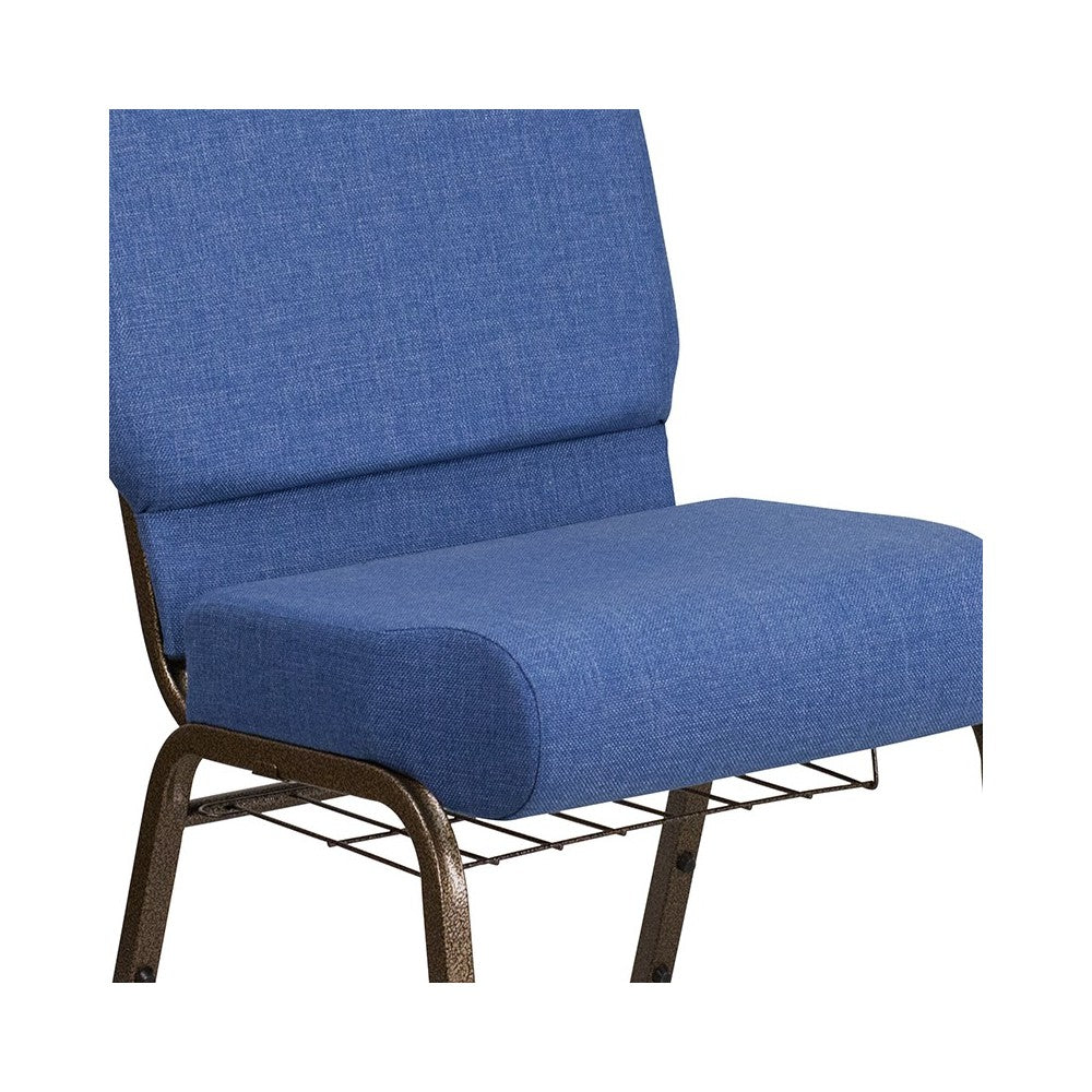 21''W Church Chair in Blue Fabric with Cup Book Rack - Gold Vein Frame