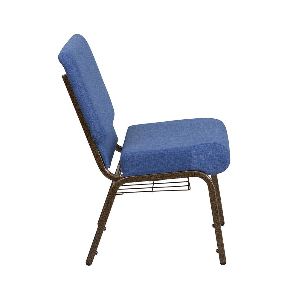 21''W Church Chair in Blue Fabric with Cup Book Rack - Gold Vein Frame