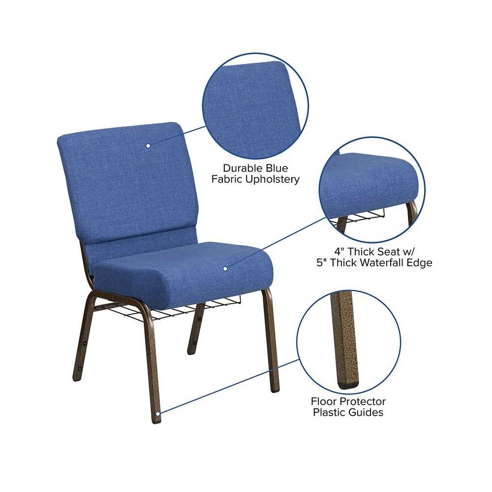 21''W Church Chair in Blue Fabric with Cup Book Rack - Gold Vein Frame