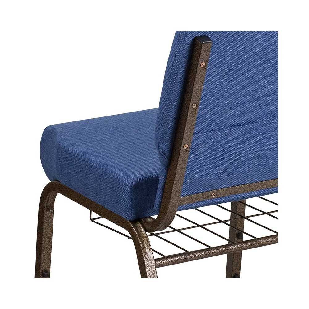 21''W Church Chair in Blue Fabric with Cup Book Rack - Gold Vein Frame
