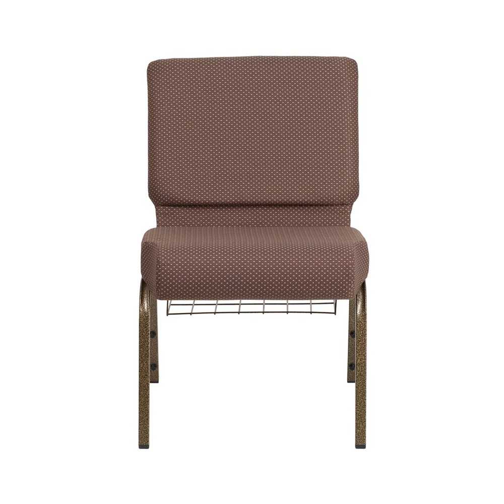 21''W Church Chair in Brown Dot Fabric with Book Rack - Gold Vein Frame