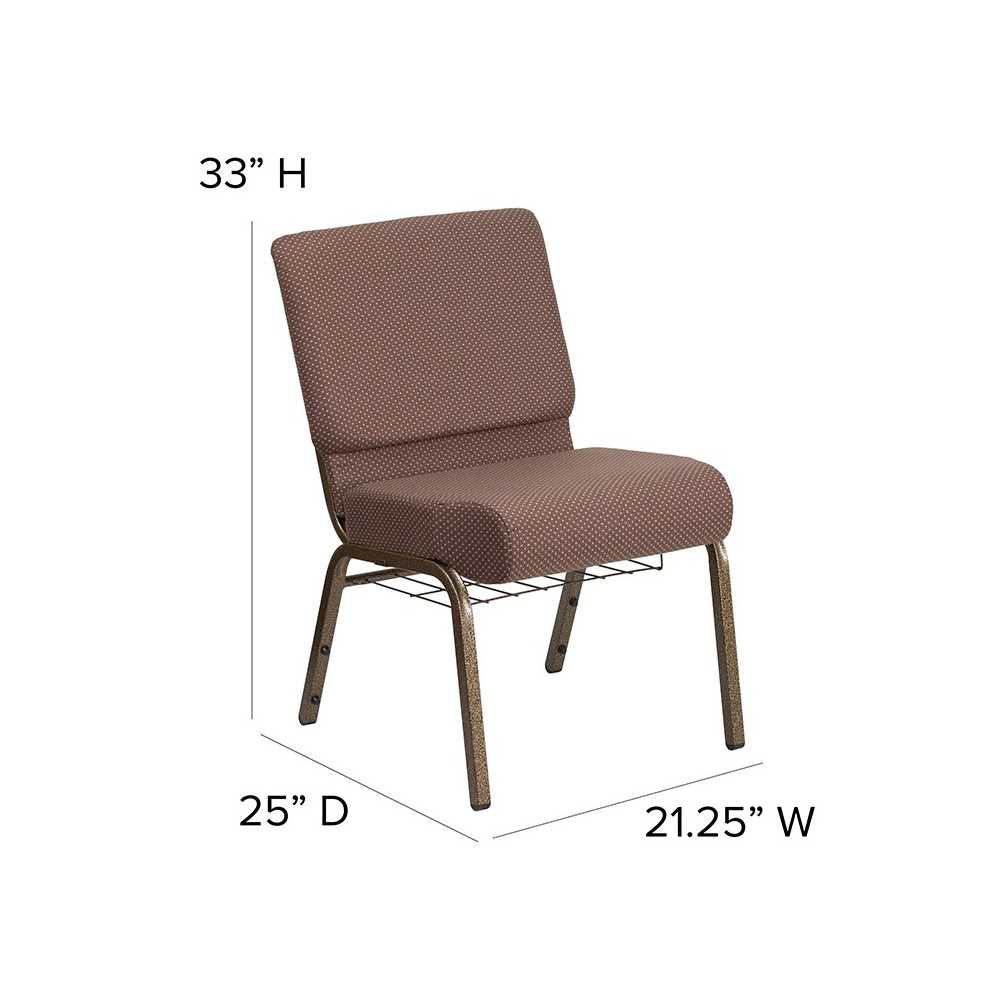 21''W Church Chair in Brown Dot Fabric with Book Rack - Gold Vein Frame