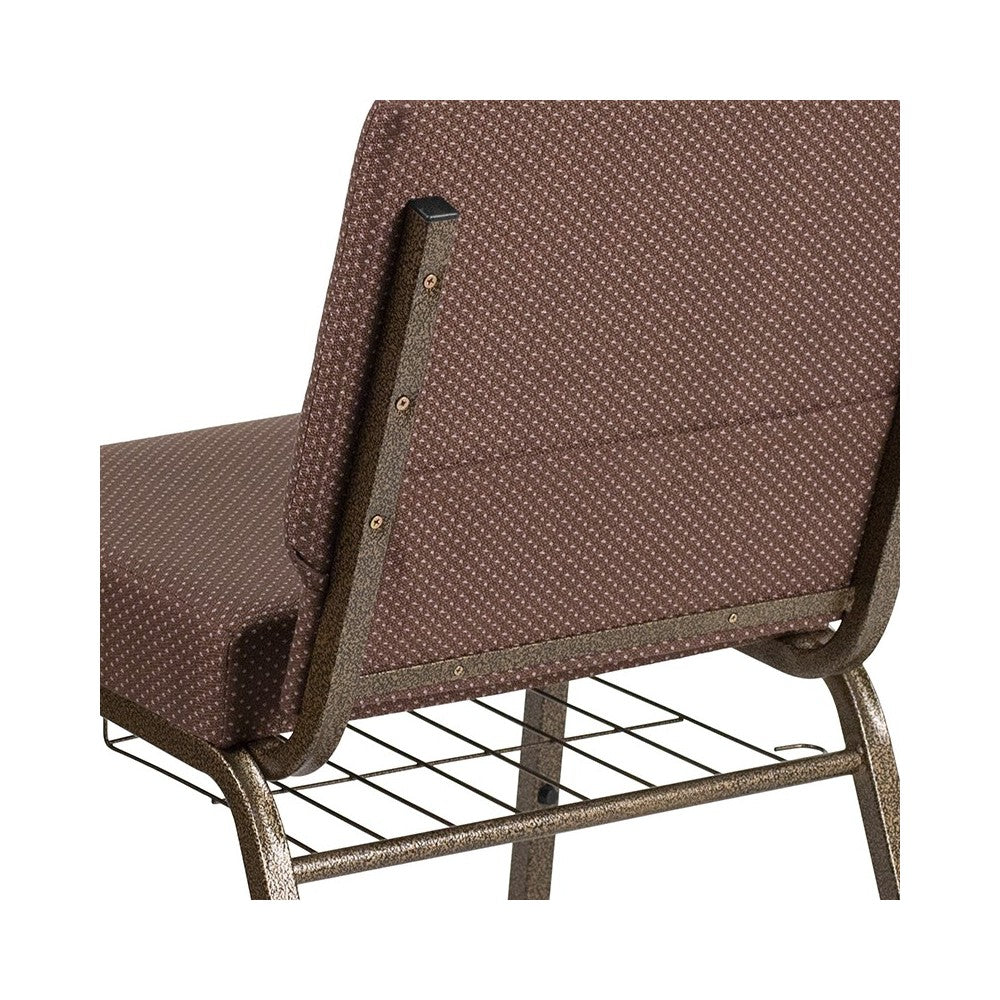 21''W Church Chair in Brown Dot Fabric with Book Rack - Gold Vein Frame