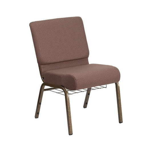 21''W Church Chair in Brown Dot Fabric with Book Rack - Gold Vein Frame