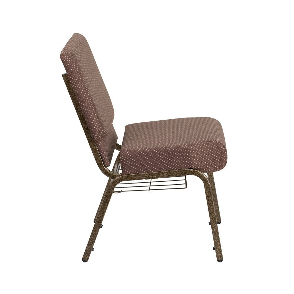 21''W Church Chair in Brown Dot Fabric with Book Rack - Gold Vein Frame