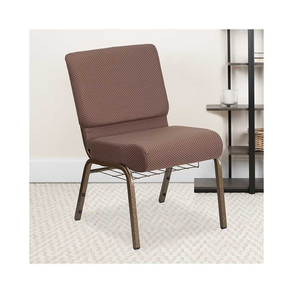 21''W Church Chair in Brown Dot Fabric with Book Rack - Gold Vein Frame