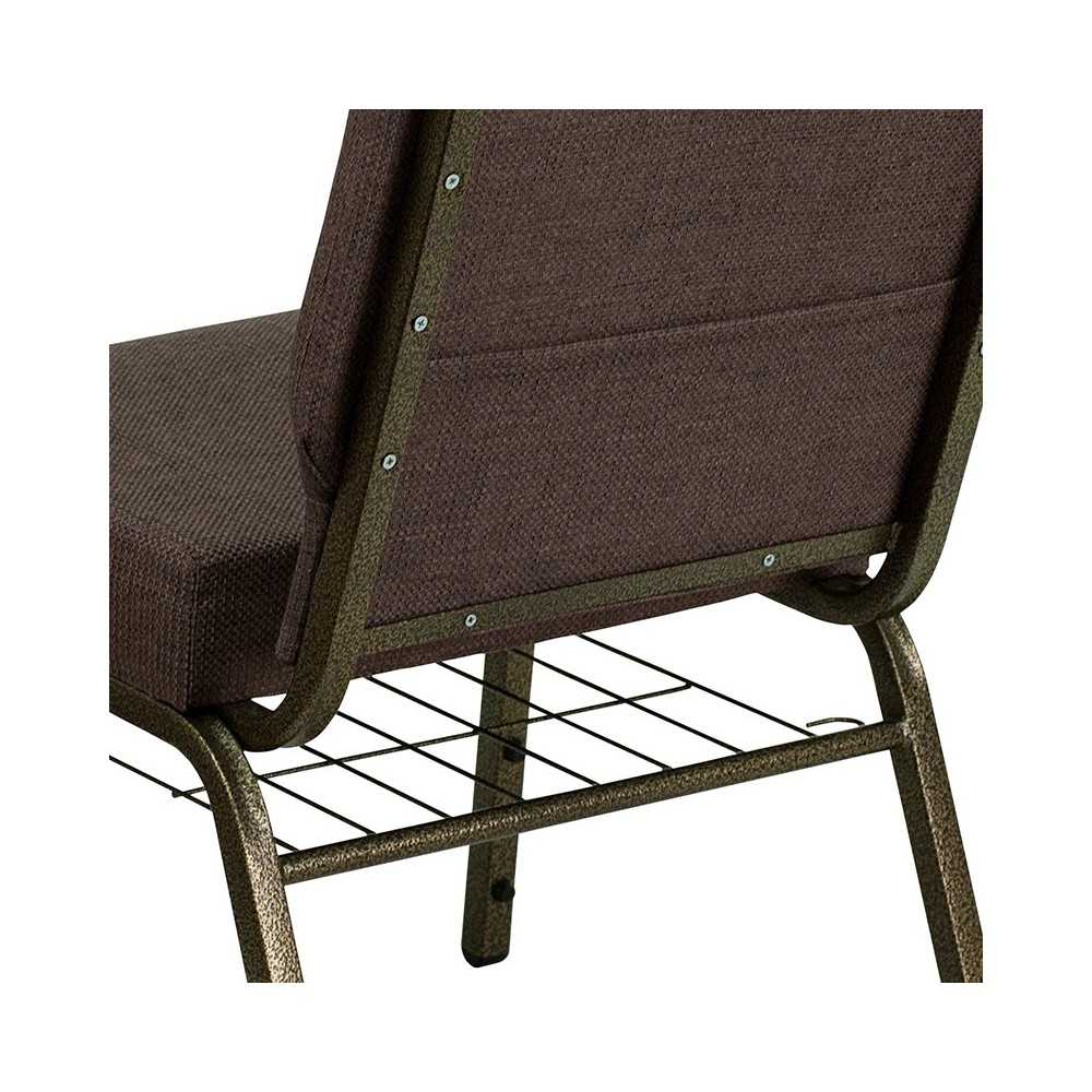 21''W Church Chair in Brown Fabric with Cup Book Rack - Gold Vein Frame