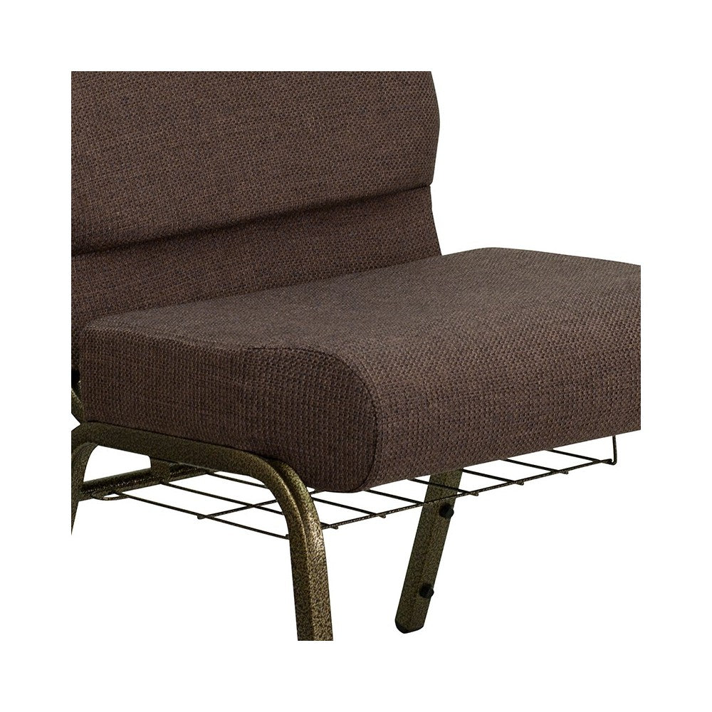 21''W Church Chair in Brown Fabric with Cup Book Rack - Gold Vein Frame