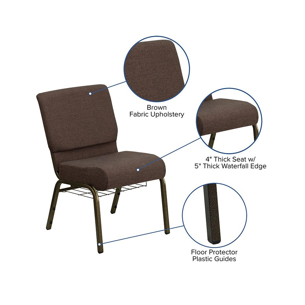 21''W Church Chair in Brown Fabric with Cup Book Rack - Gold Vein Frame